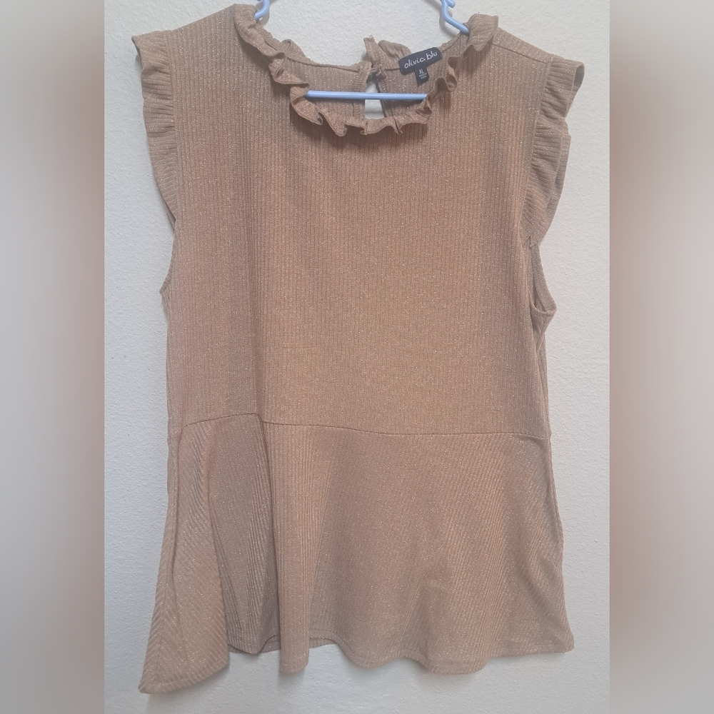 Olivia Blu Womens XL Tan Metallic Ruffle Neck Sleeveless Peplum Blouse Top - Picture 4 of 6
